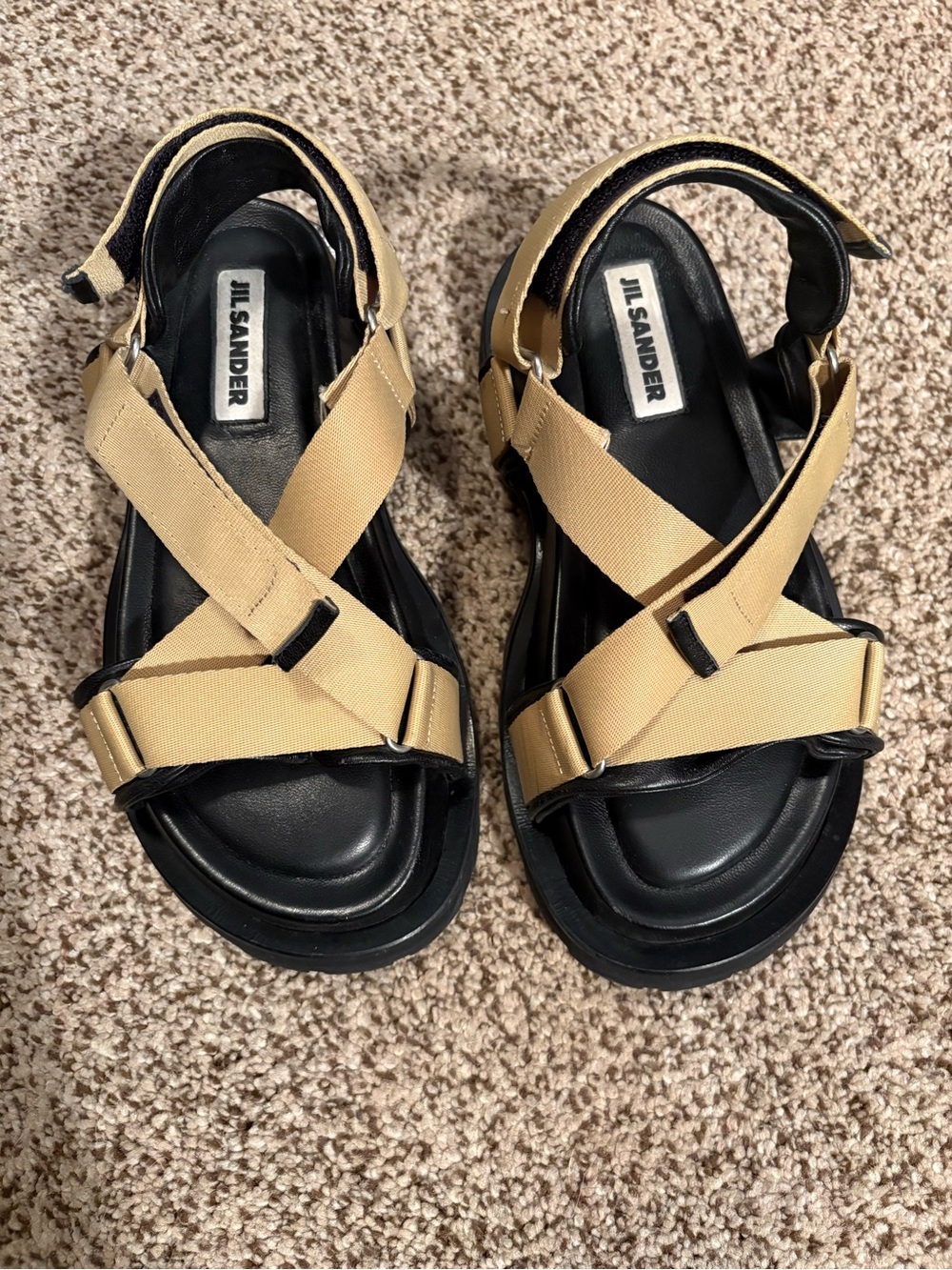 Jil Sander Beige and Black Strappy Crossband Sandals